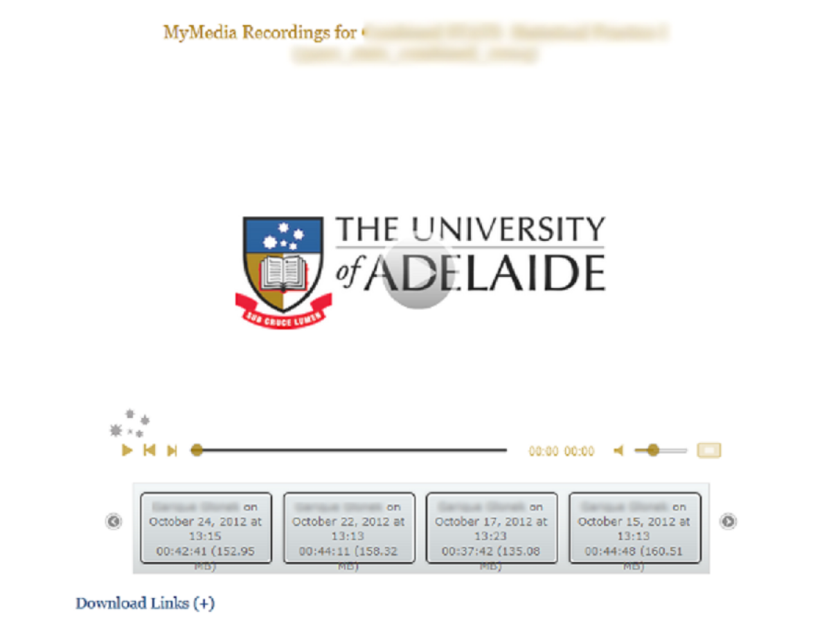 A screenshot of a lecture recording screen. In the middle is the video with a big play button. Below is a row of thumbnails labelled by their recording date but no other information.