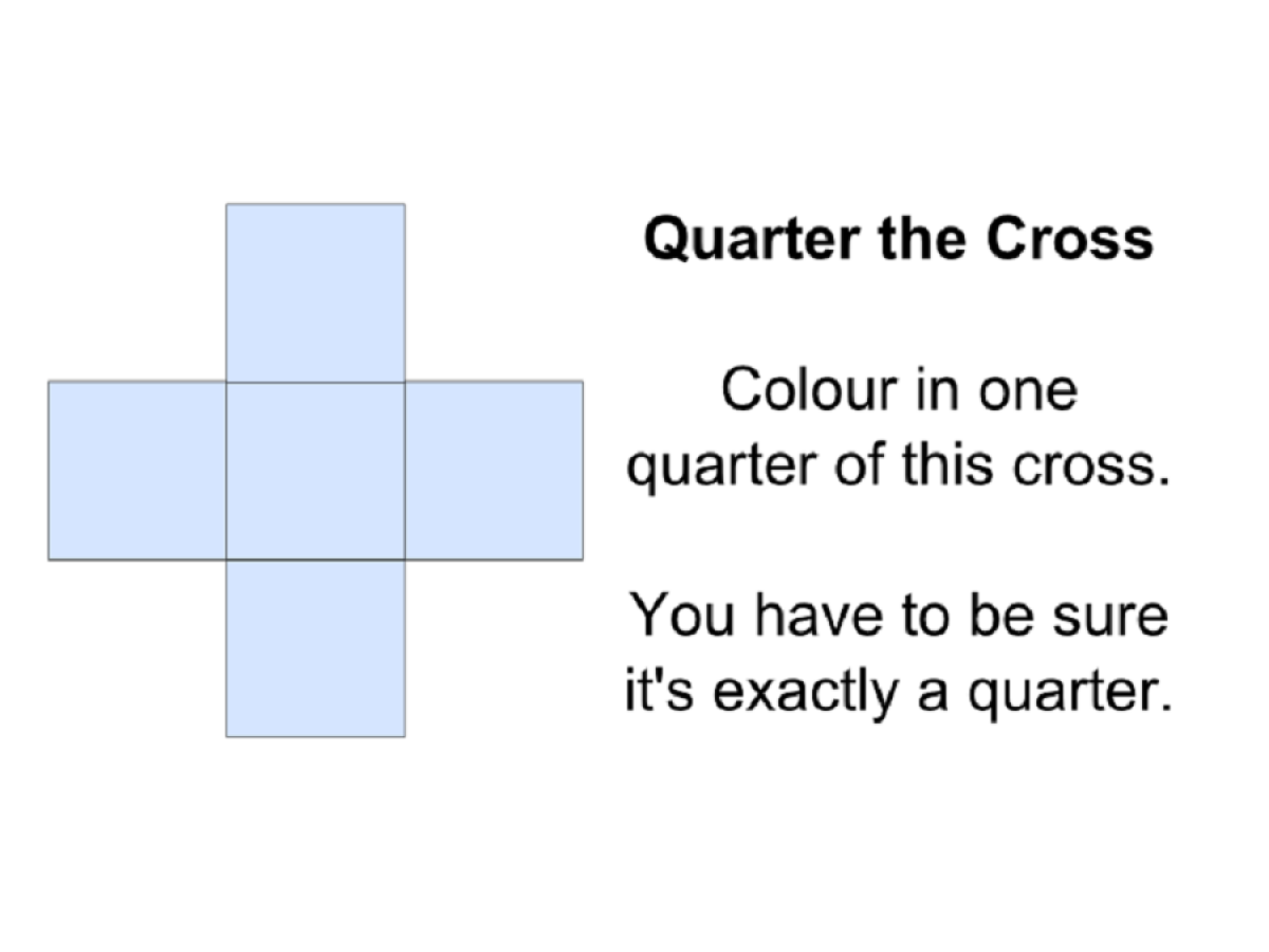 Illustration: A blue cross made of five equal squares, with one square in the centre and one square attached to it on each side. Text: Quarter the Cross Colour in one quarter of this cross. You have to be sure it's exactly a quarter.