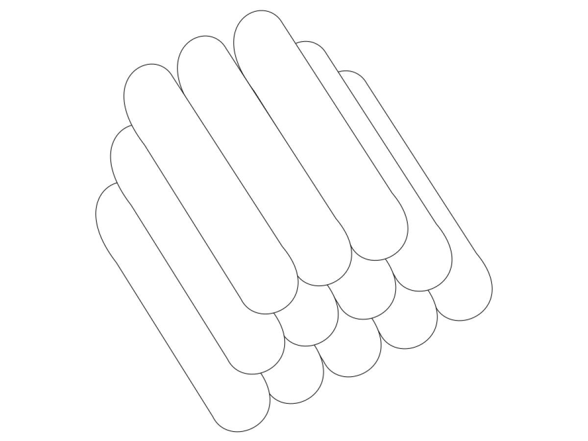 A 3D diagram of a stack of sausages with five on the bottom layer, four on the next layer and three on the top layer.