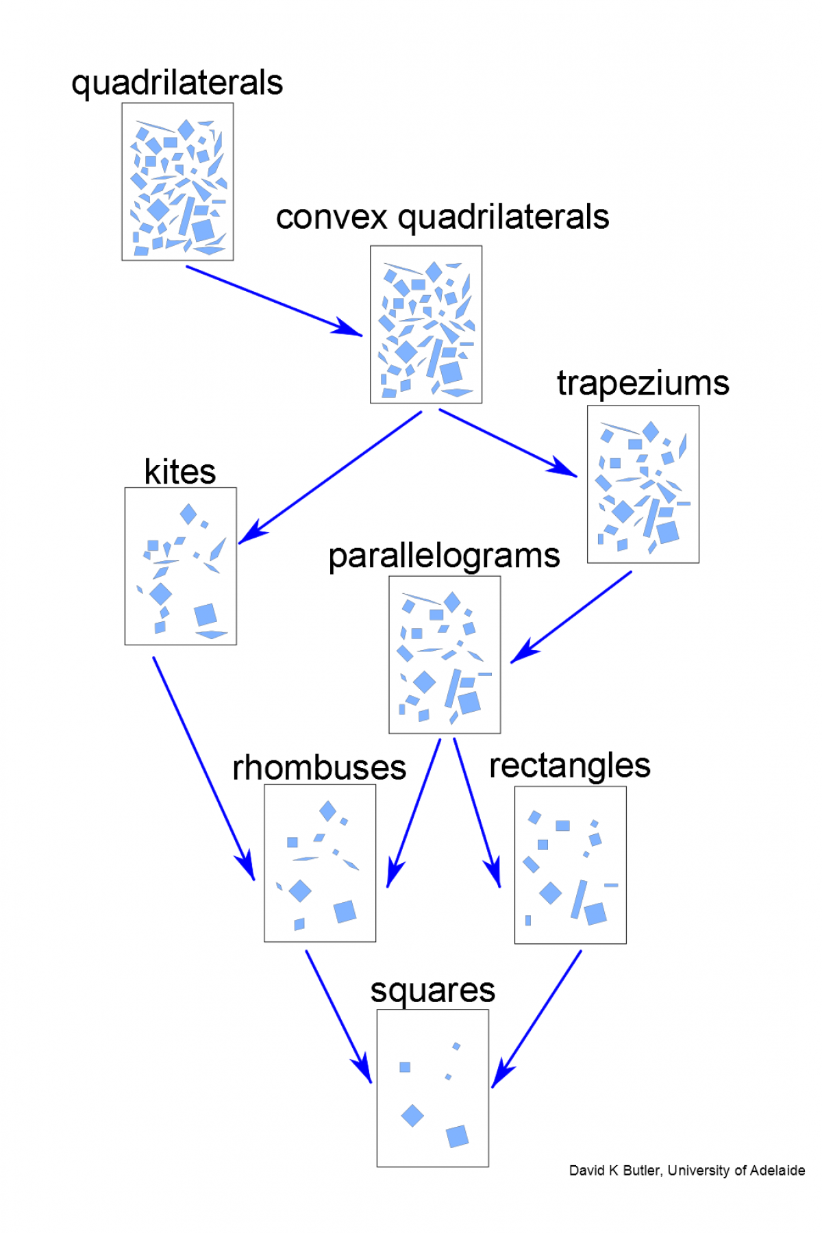 A diagram showing relationships between tyes of quadrilaterals. It has quadrilaterals at the top, with an arrow down to convex quadrilaterals, then this has two arrows down to kites and trapeziums. Kites has one arrow down to rhombuses. Trapeziums has one arrow down to parallelograms. Parallelograms has two arrows down to rhombuses and rectangles. Rhombus has one arrow down to squares. Rectangles has one arrow down to squares. Every title has a picture with many shapes in various orientations.