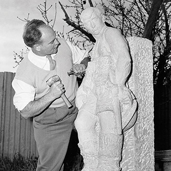 John Dowie carving The Soldier (photo from Tracy Lock-Weir's book John Dowie: A Life in the Round (Wakefield Press)