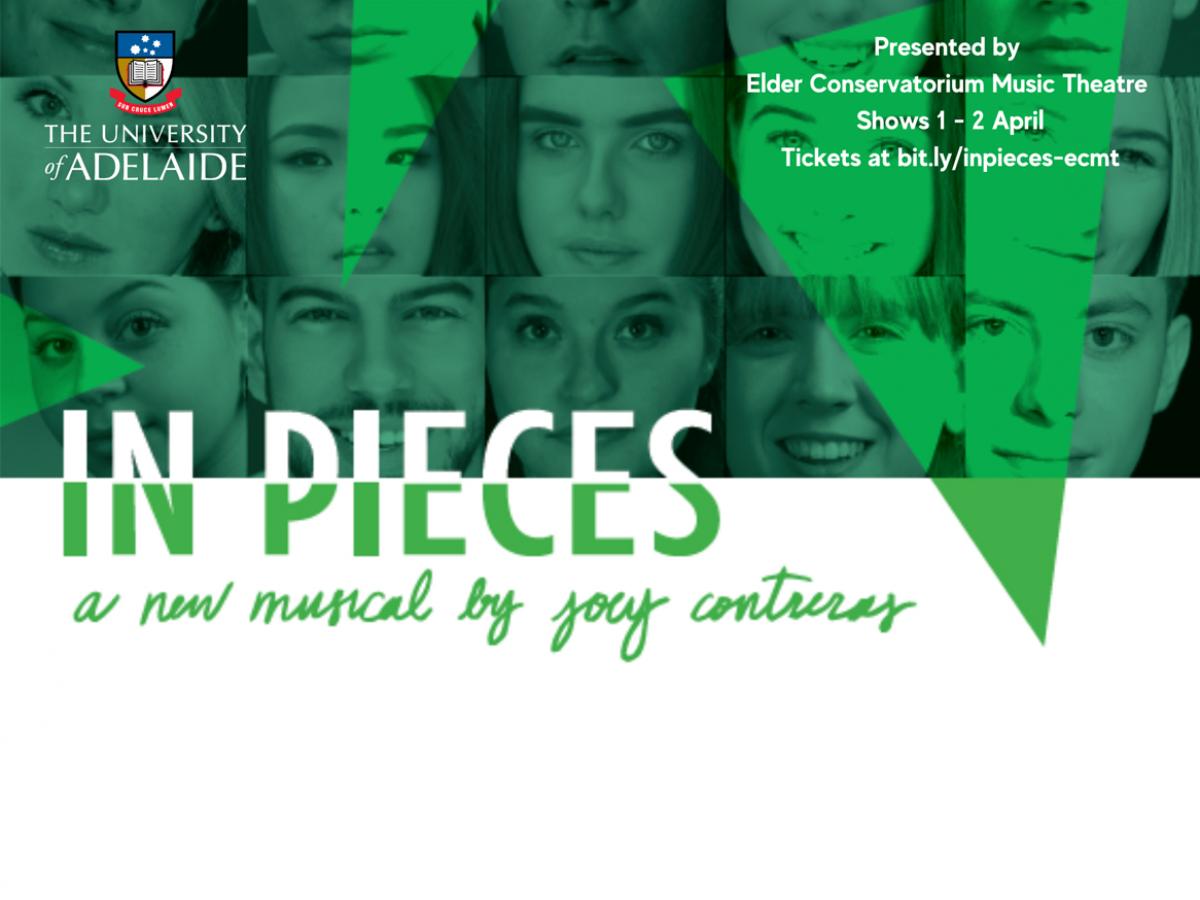 In Pieces green banner with various faces