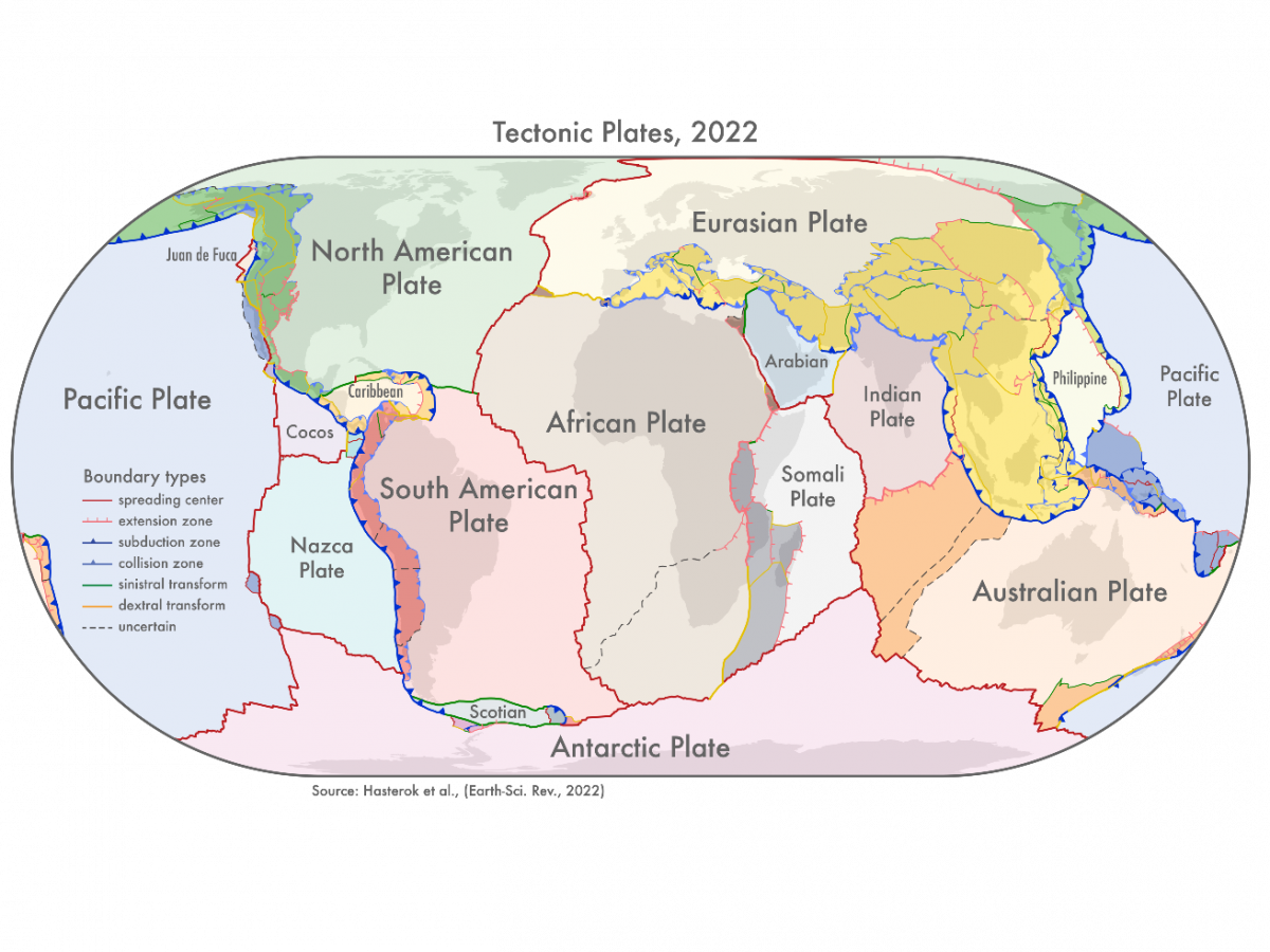 A world map showing a new tectonic plate model with boundary zones in darker shading.