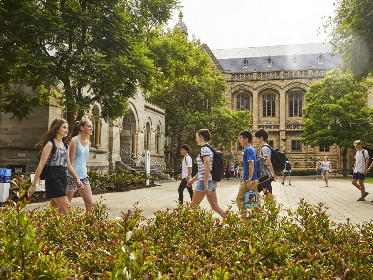 Students walk around the North Terrace campus.