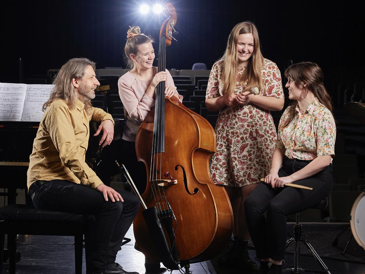 Elder Conservatorium Head of Jazz, Mark Simeon Ferguson, and BMus Hons graduates Kyrie Anderson (drums), Bonnie Aué (bass) and Ciara Ferguson (vibraphone),