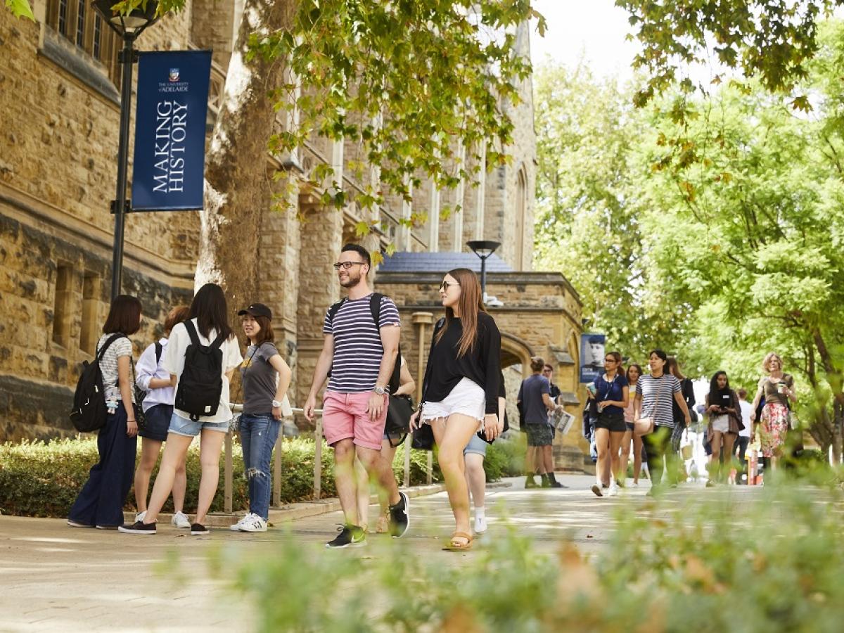 Students walk around the North Terrace campus.
