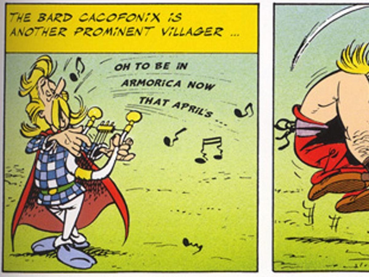 A scene from an Asterix comic shows Cacofonix injured as he plays his harp.