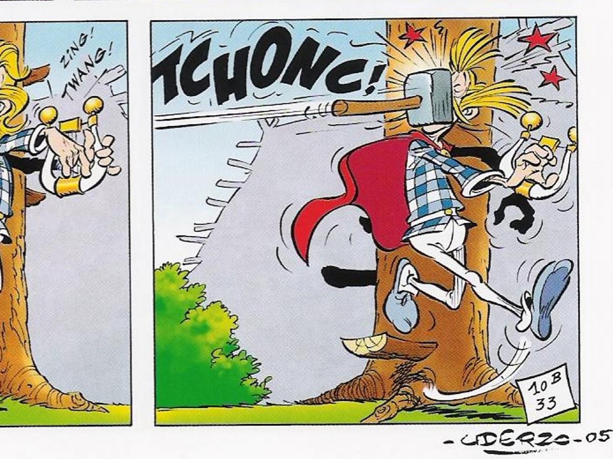 A scene from an Asterix comic shows Cacofonix injured as he plays his harp.