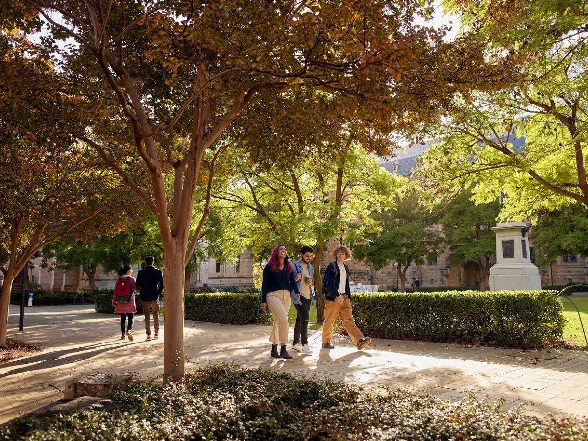 Students walk around the North Terrace campus.