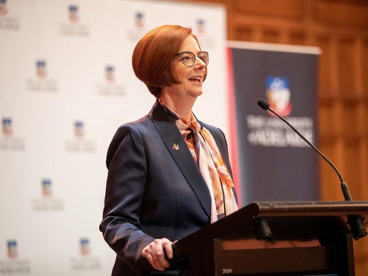 Julia Gillard speaks at a University of Adelaide event.