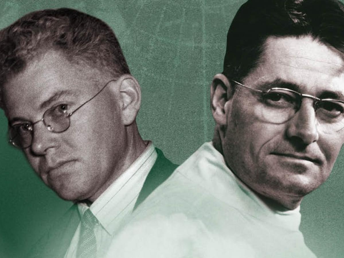 2 photos of Lord Howard Florey and Sir Mark Oliphant side by side.