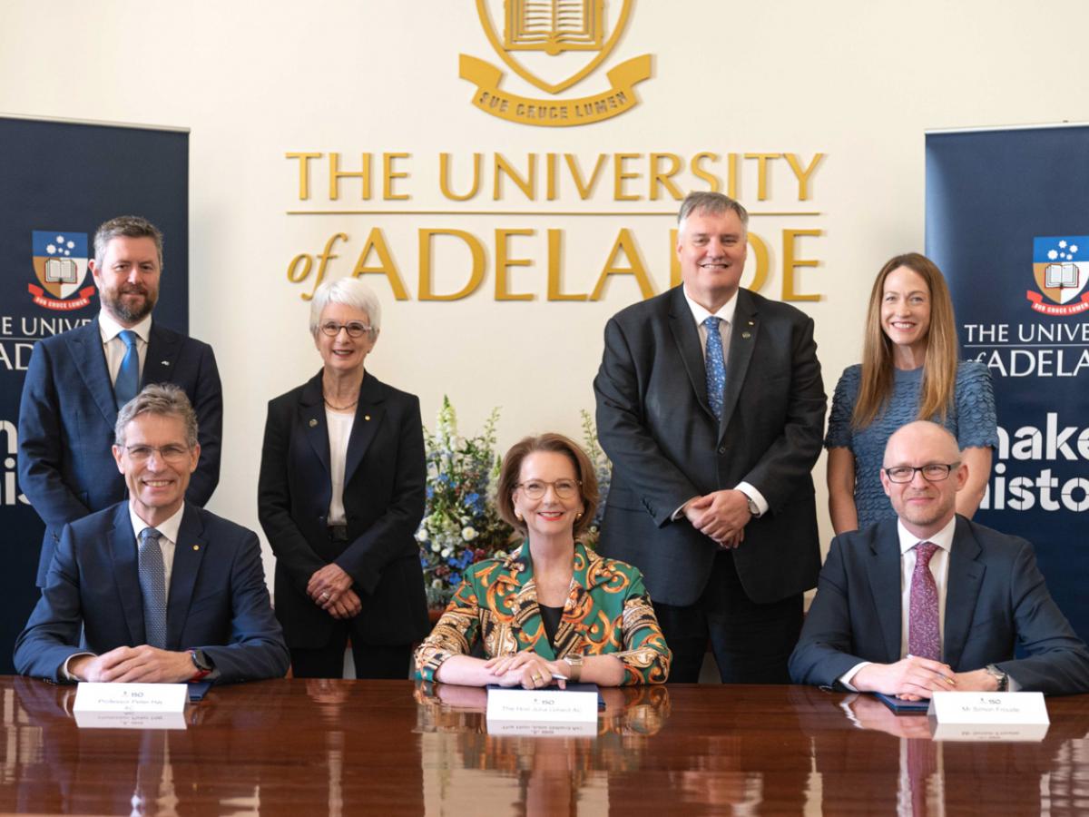 L–R: Professor David Lloyd, Vice Chancellor and President, University of South Australia; Professor Peter Høj AC, Vice-Chancellor and President, University of Adelaide; The Hon Catherine Branson AC KC, Chancellor, University of Adelaide; The Hon Julia Gillard AC; Professor John Williams AM, Provost, University of Adelaide; Professor Jessica Gallagher, Deputy Vice-Chanceller (External Engagement), University of Adelaide; and Mr Simon Froude, Director-General, National Archives Australia.