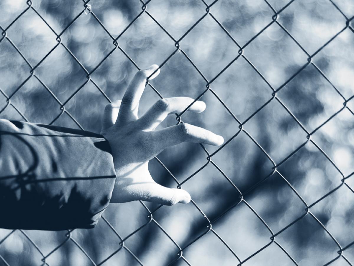 A hand grasps a fence