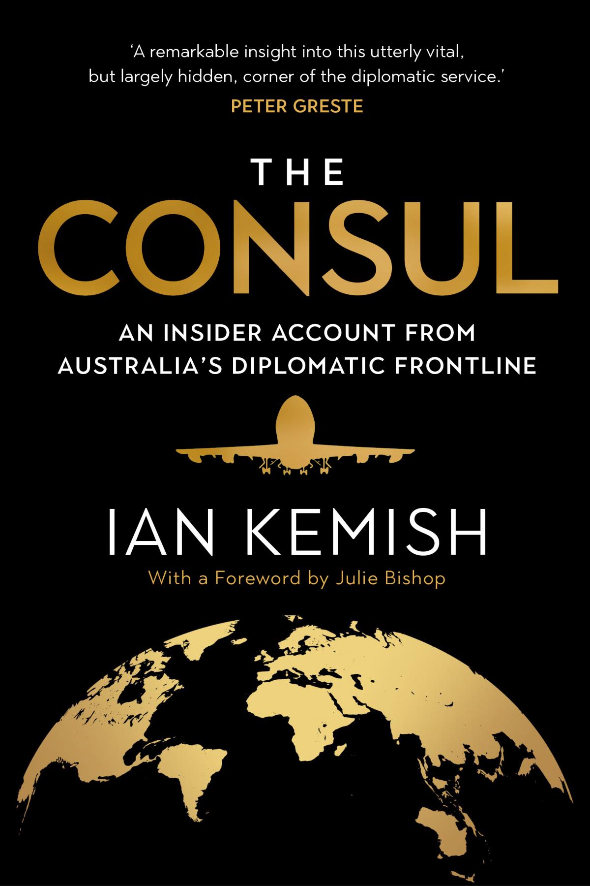 The Consul Book cover by Ian Kemish featuring a plane flying over a golden globe