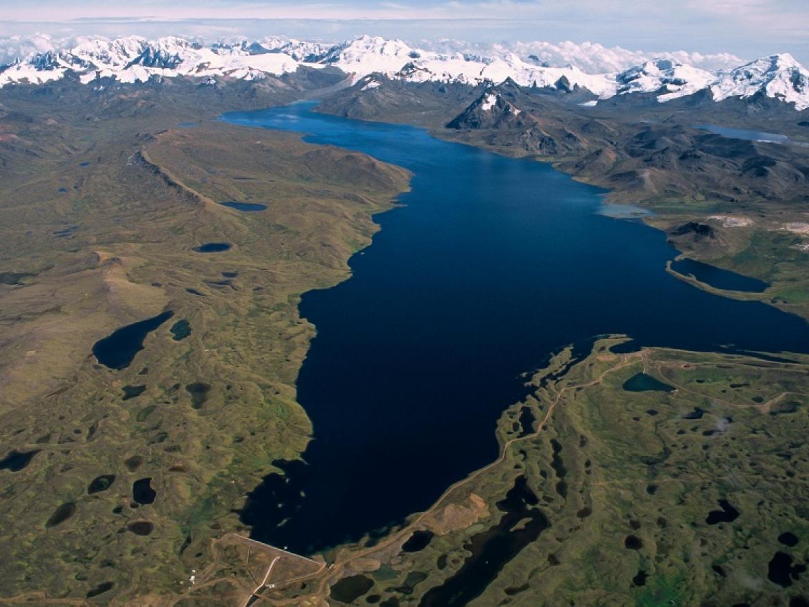 An aerial photo of Sibinacocha Lake, Peru.