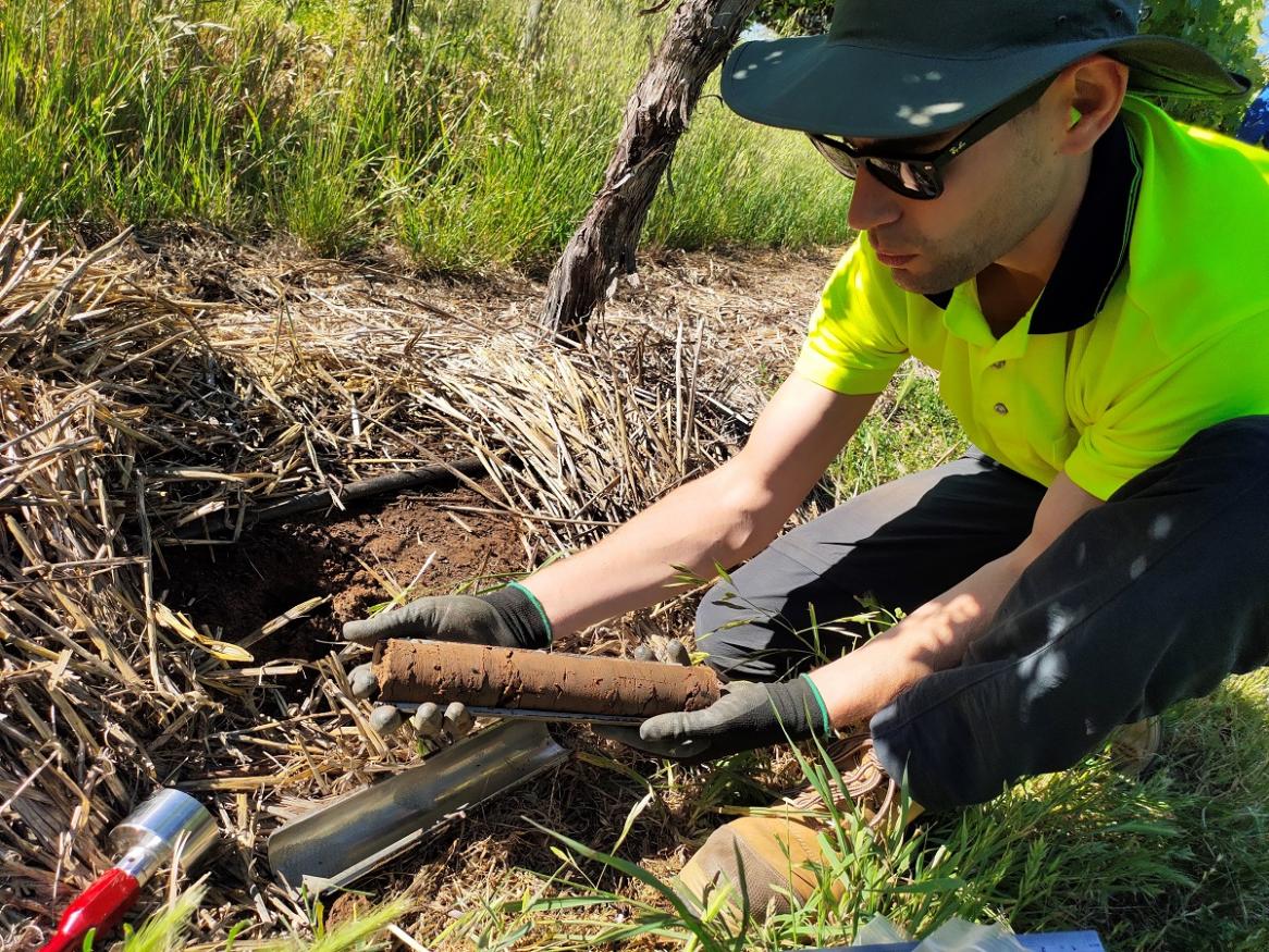 Researcher Joseph Marks with a split core sample of soil.