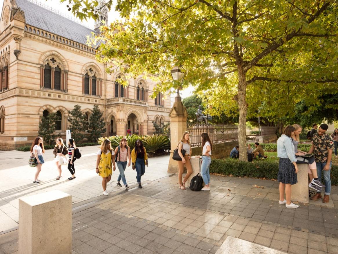 Students in front of Mitchell Building during a bright day.