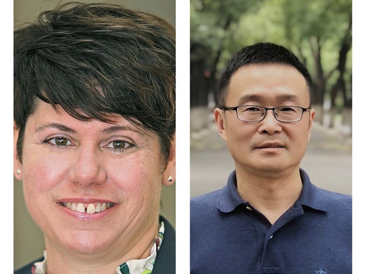 A collage of Professor Rachel Ankeny and Professor Peng Bi. They are smiling into the camera.