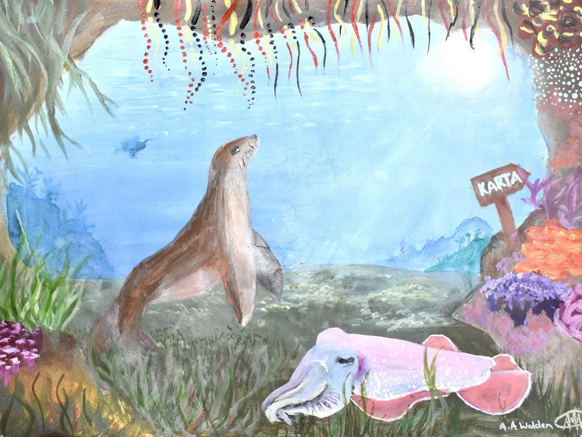 A colourful painting of a seal in the sea, by Bella from Kangaroo Island.