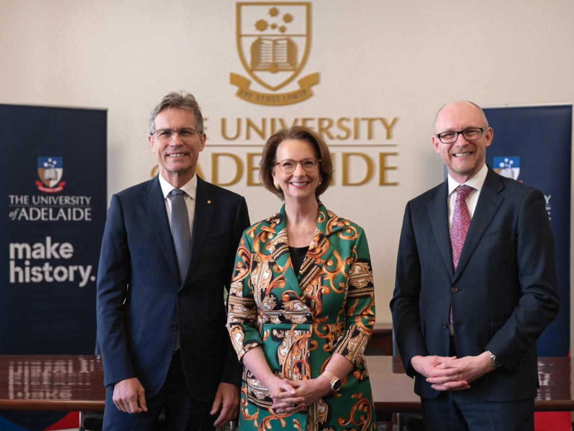 Professor Peter Høj AC, Vice-Chancellor and President, University of Adelaide; The Hon Julia Gillard AC; and Mr Simon Froude, Director-General, National Archives Australia