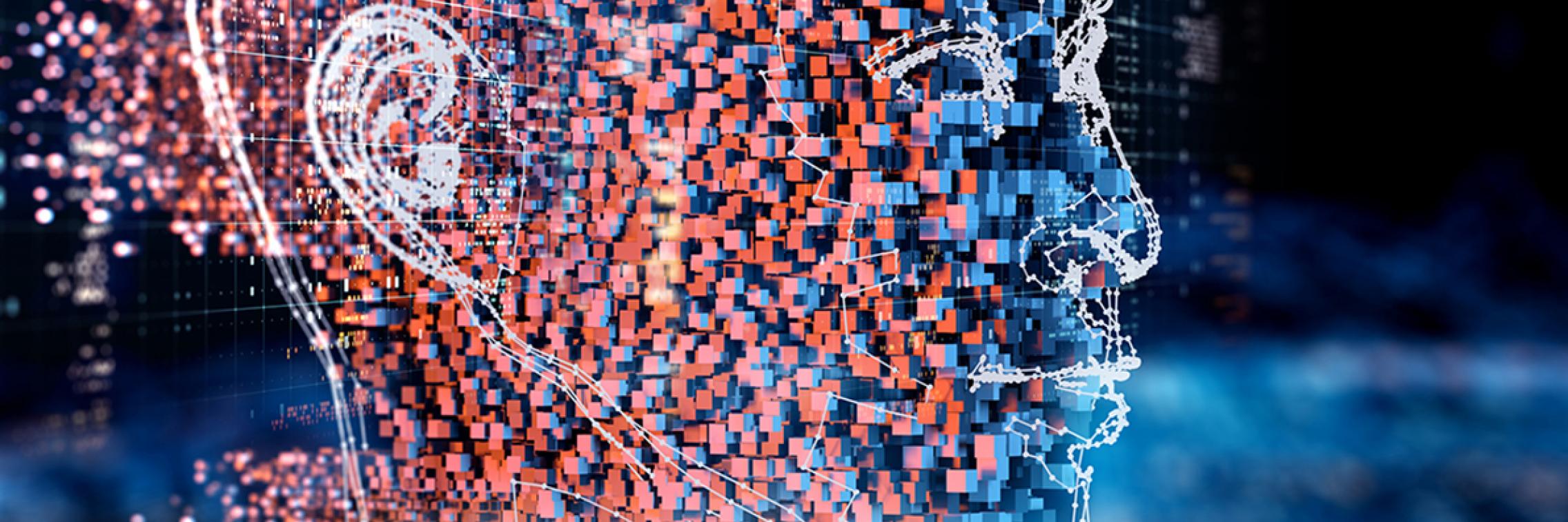 Digital background depicting innovative technologies in (AI) artificial systems, neural interfaces and internet machine learning technologies