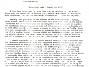 Memorandum to VC Stranks regarding report from working party, 1985 (Ref:1982/2629)