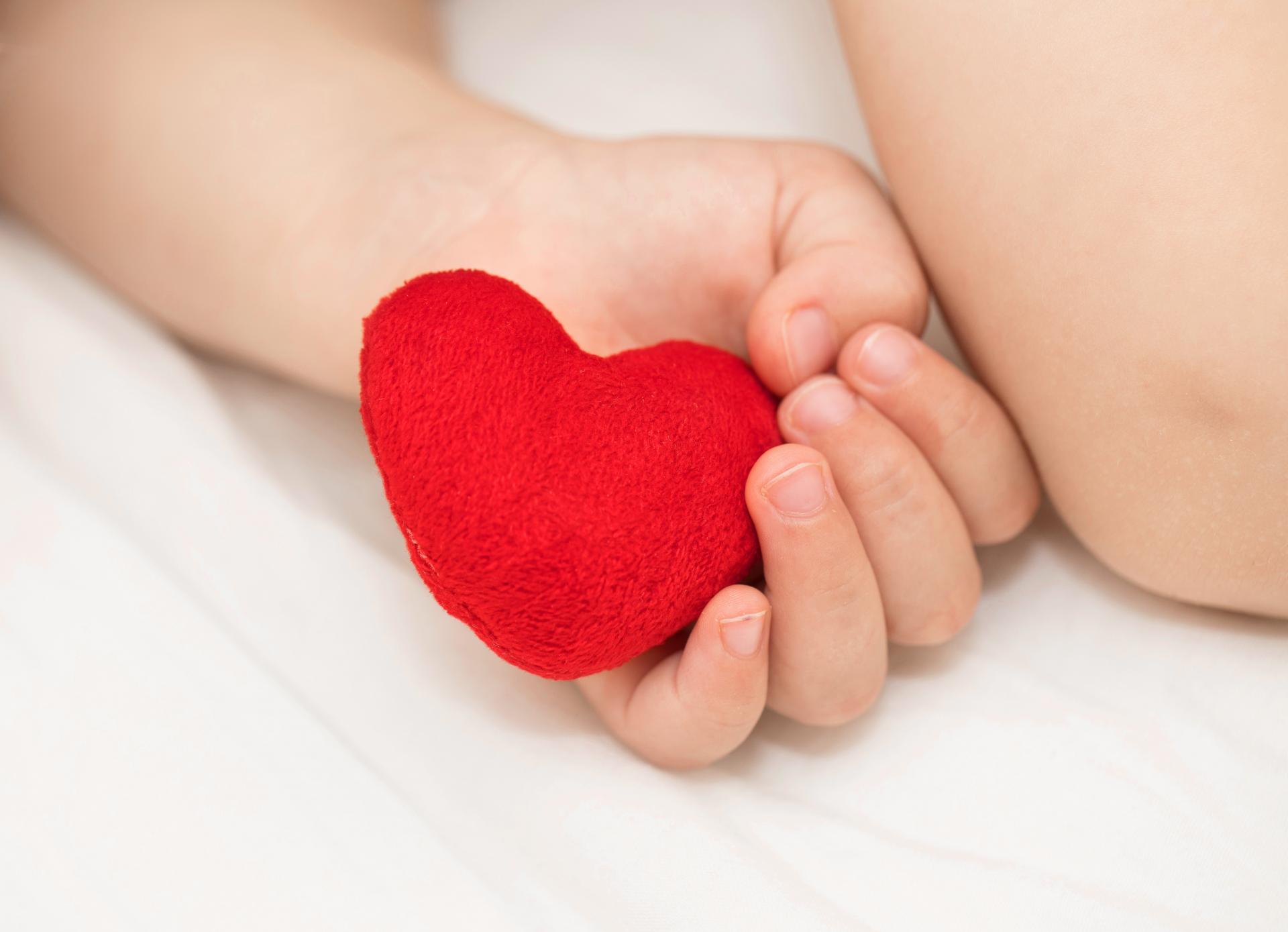 Baby holding toy red heart