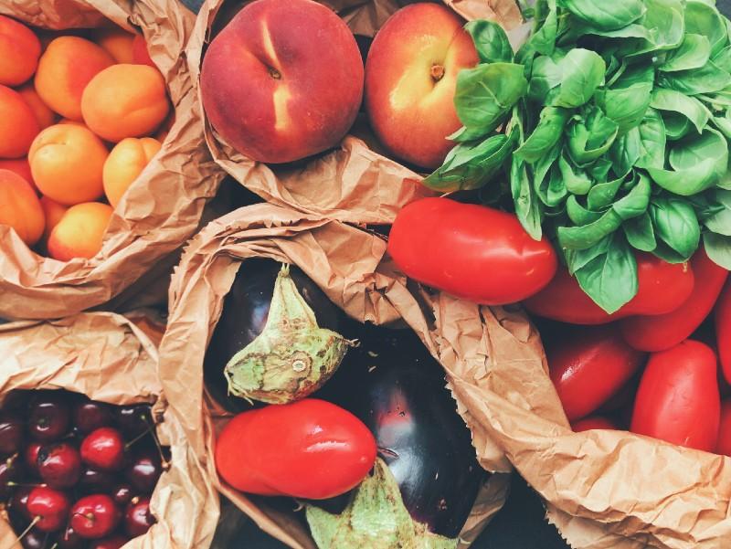 Fruit and vegetables in paper bags