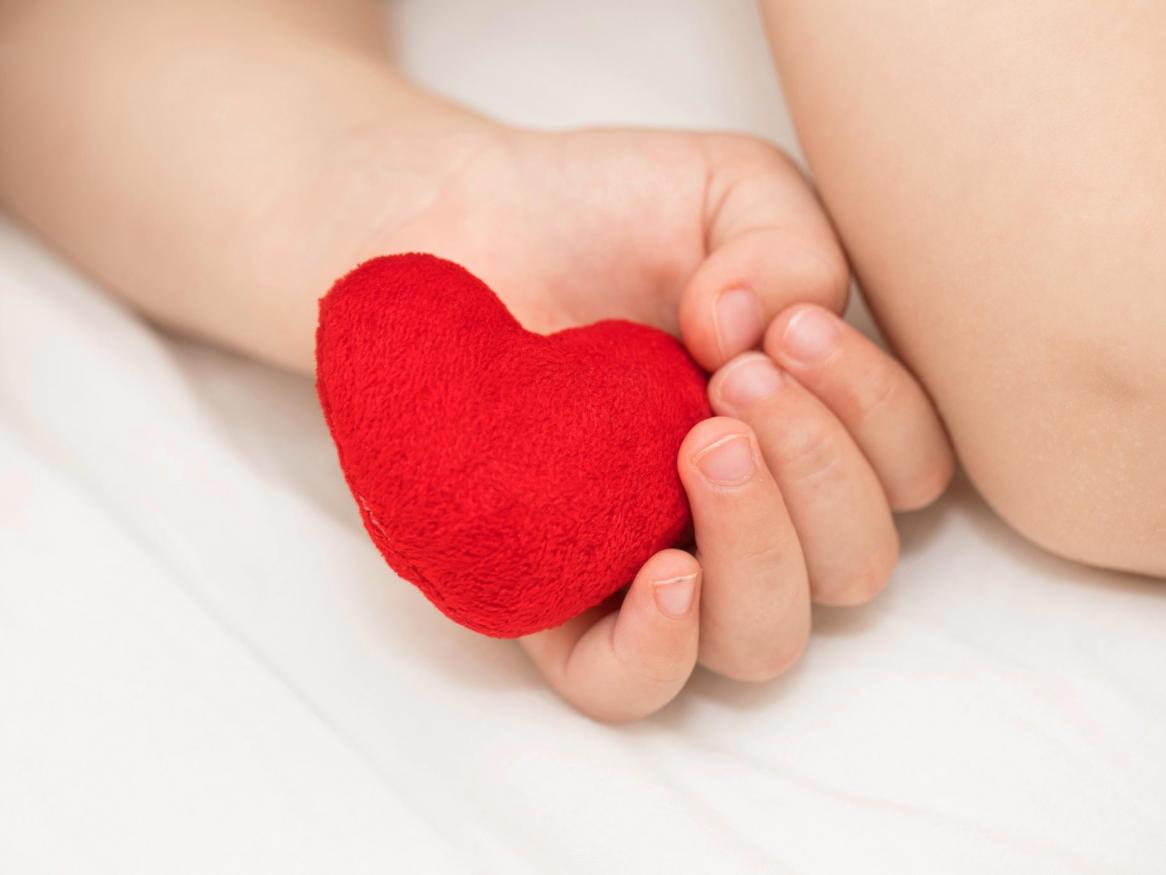 Baby holding toy red heart