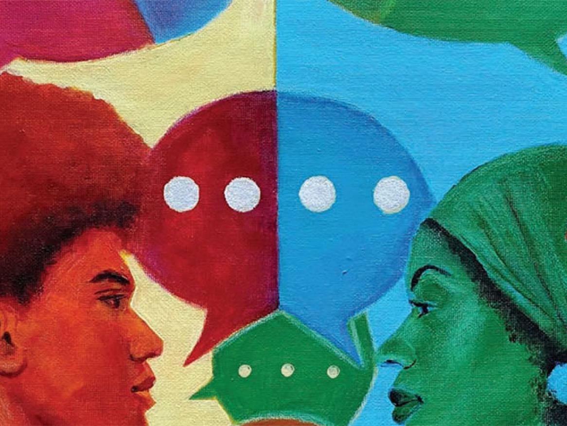A painting depicting open dialogue between diverse groups of people
