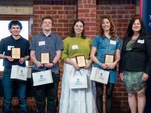 Cultural Engagement Excellence Award — left to right: Nate, Tori, Ailani and Grace with with Deputy Vice Chancellor & Vice President (Academic), Professor Jennie Shaw.