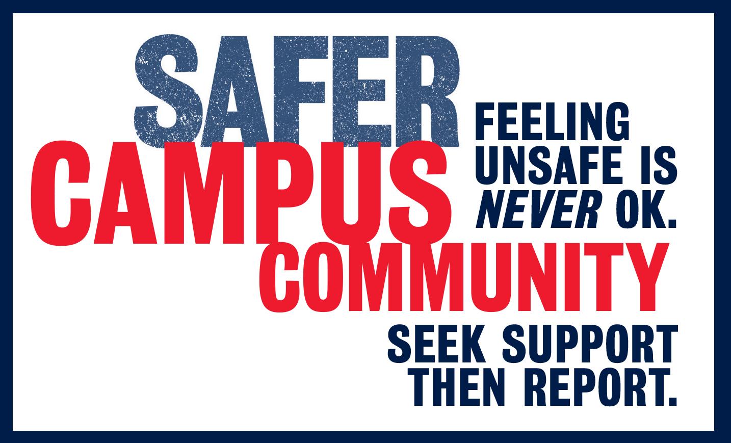 Stylised blue and red text on white background, saying "Safer Campus Community. Feeling unsafe is never ok. Seek support then report."