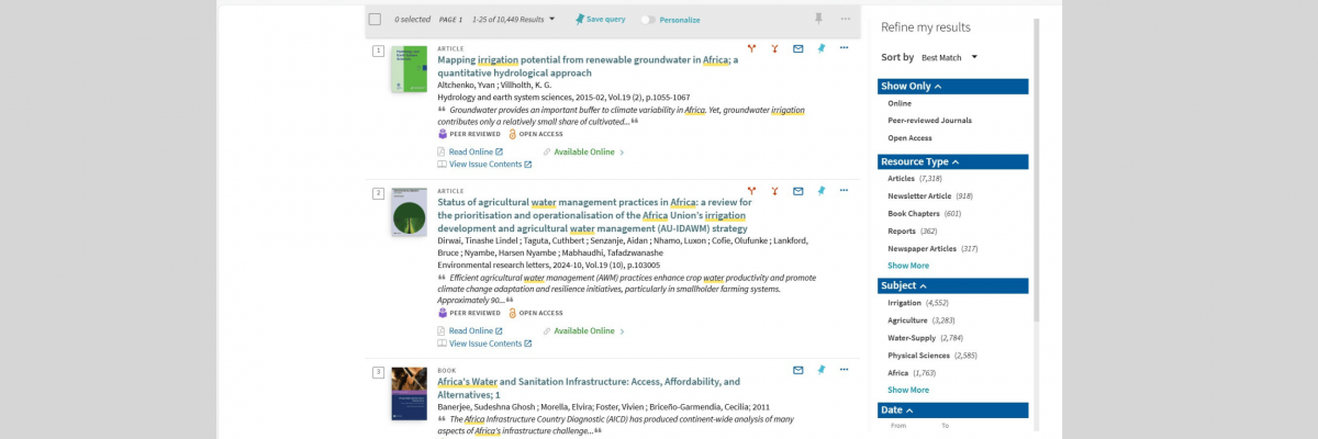 Screenshot of a Boolean search results on the university's Library Search website.