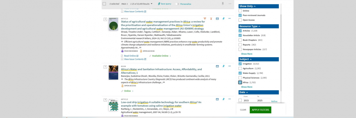 Screenshot of a Boolean search results with filters applied on the university's Library Search website.