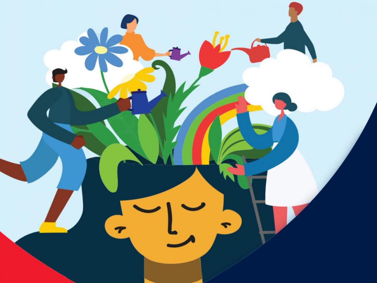 Illustration of a woman with rainbow and plants coming out of her head, and people tending to the plants.