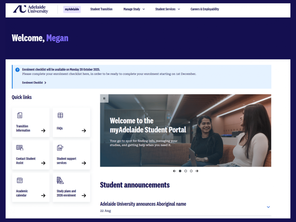 Student Portal homescreen