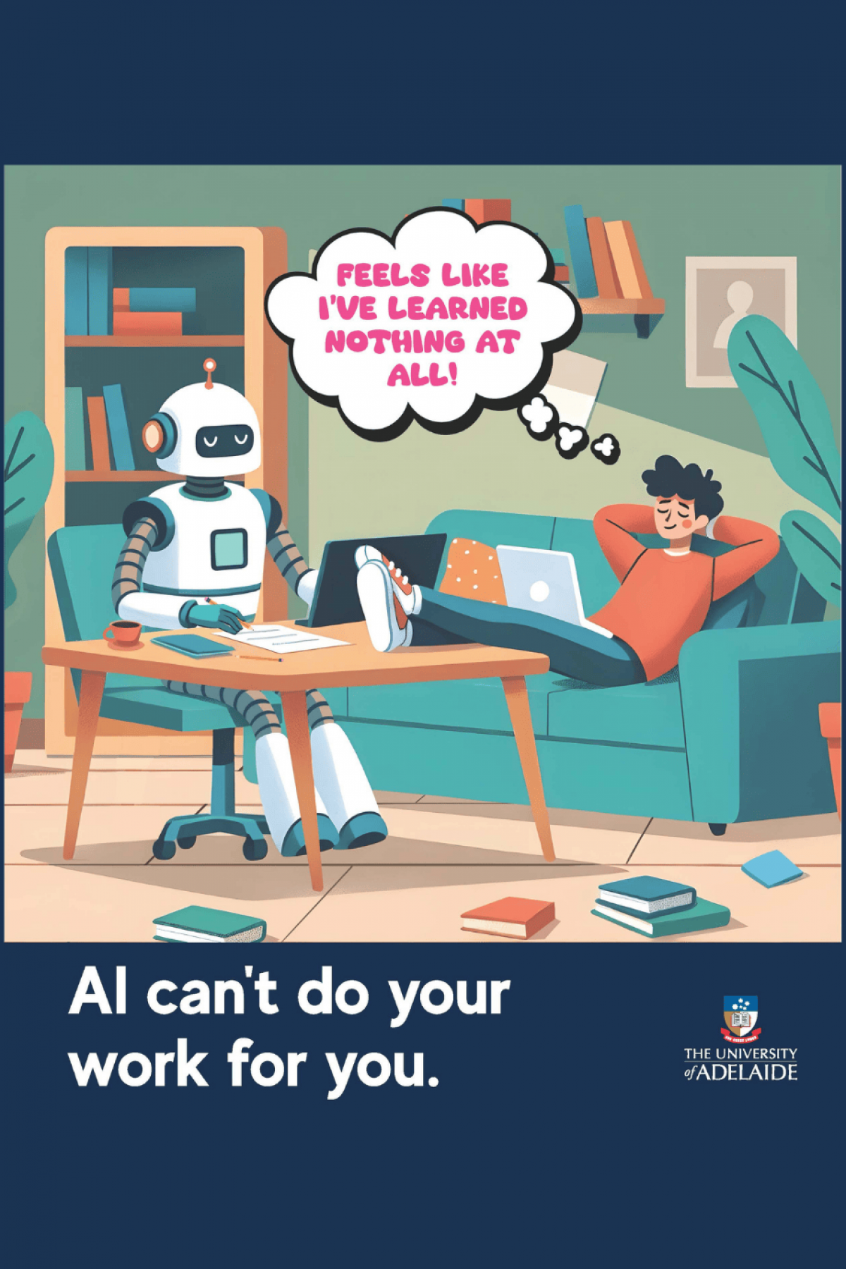 robot sitting at desk using computer while student is relaxed on a couch