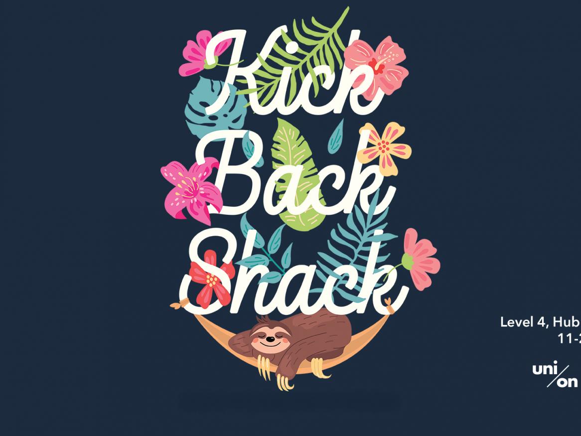 Graphic of brightly coloured flowers and cartoon sloth relaxing under the words 'Kick Back Shack'