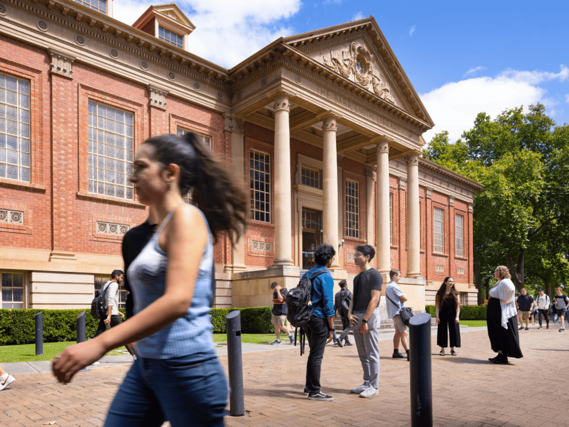 students out front of the Barr Smith Library