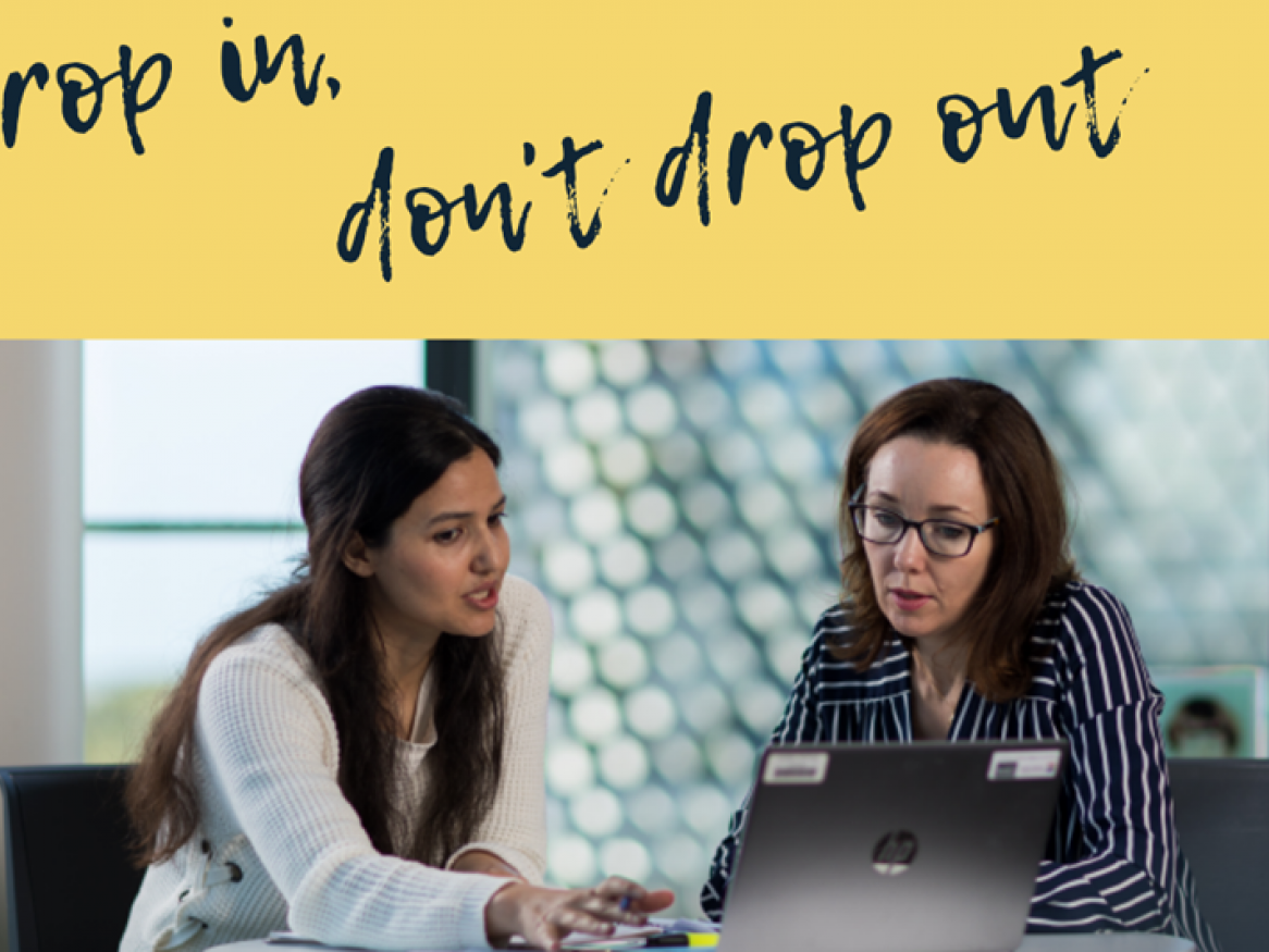 Two people having a conversation, with the heading "Drop in, don't drop out"