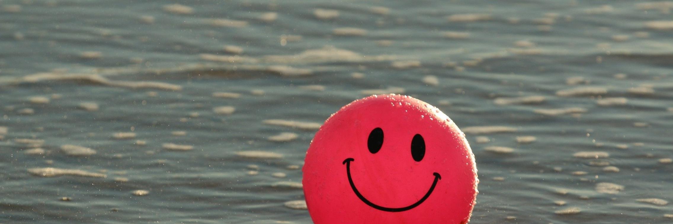 A ball with a smiley face on it floats optimistically in water.