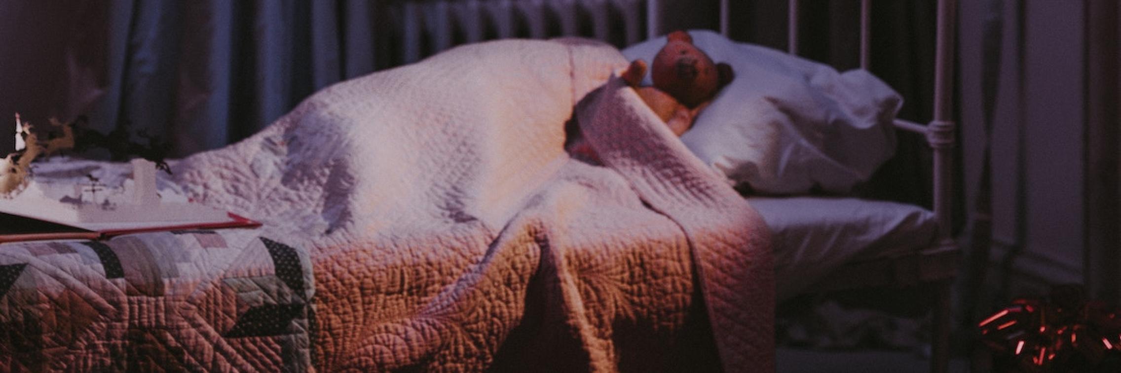 Teddy bear sleeping on a bed.