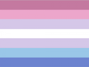 bigender flag (horizontal stripes: dark pink, light pink, lavender, white, lavender, light blue, dark blue)