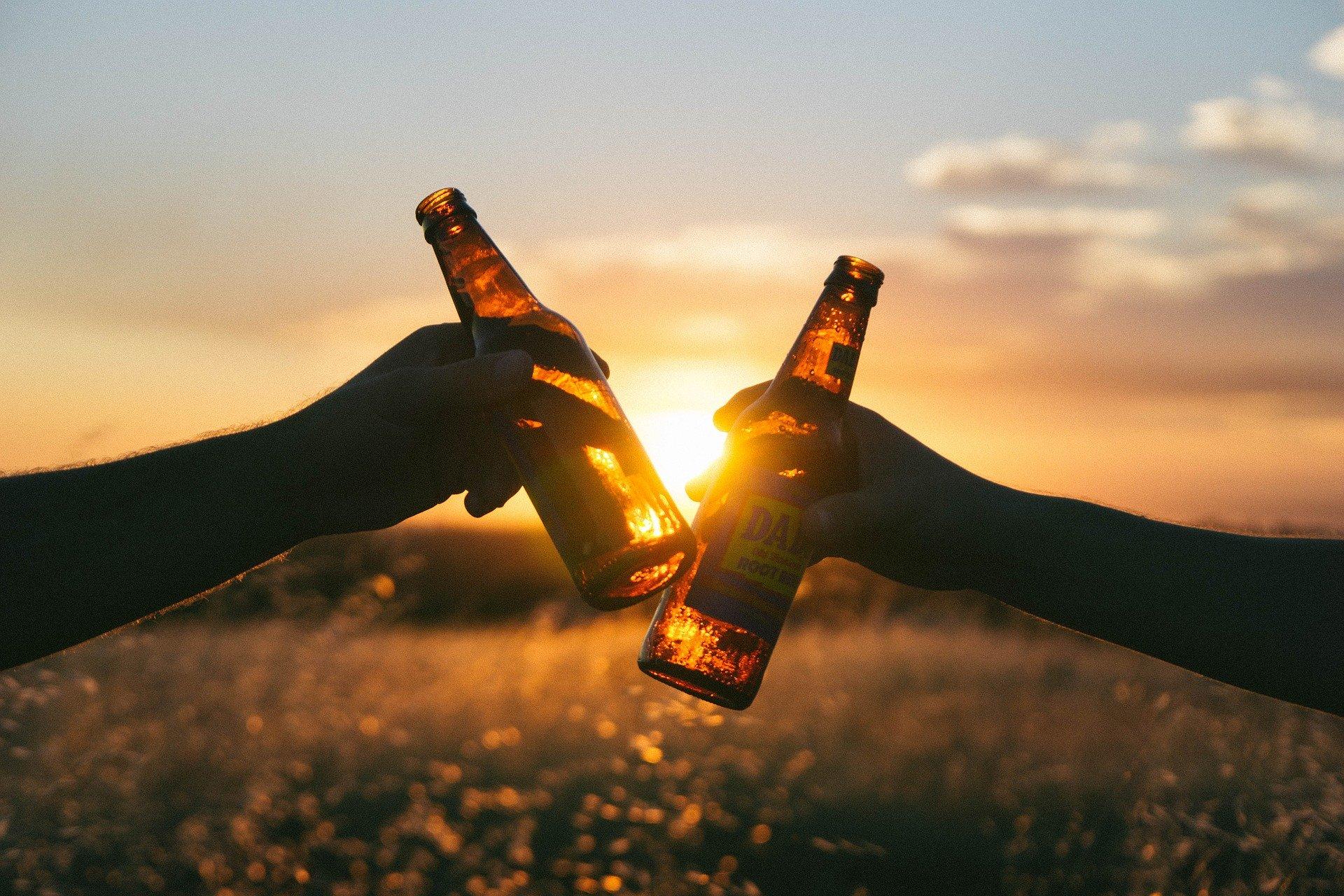 The arms of two people each holding a beer bottle at sunset in a field. 