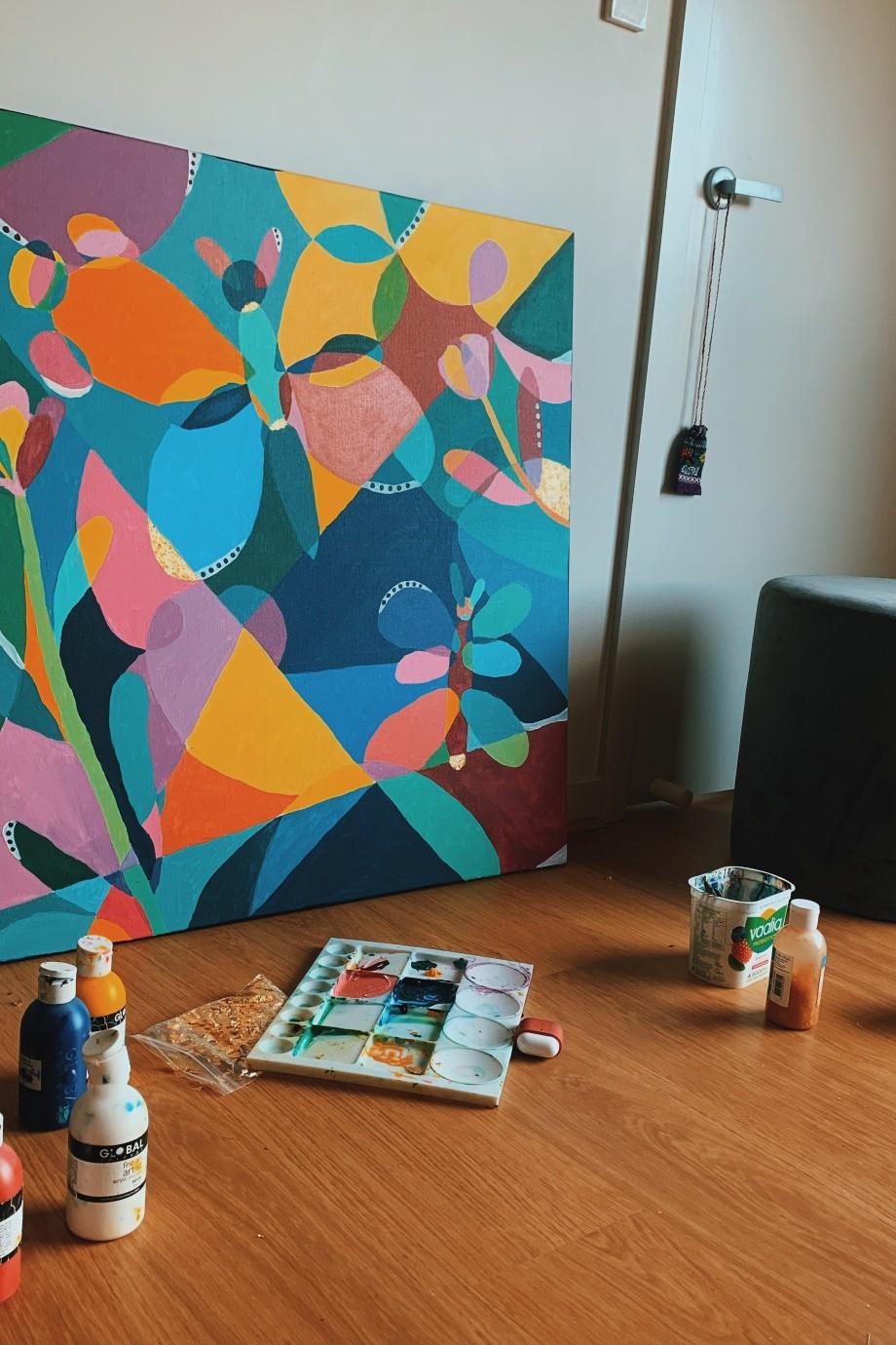 coloured painting with butterflies and flowers