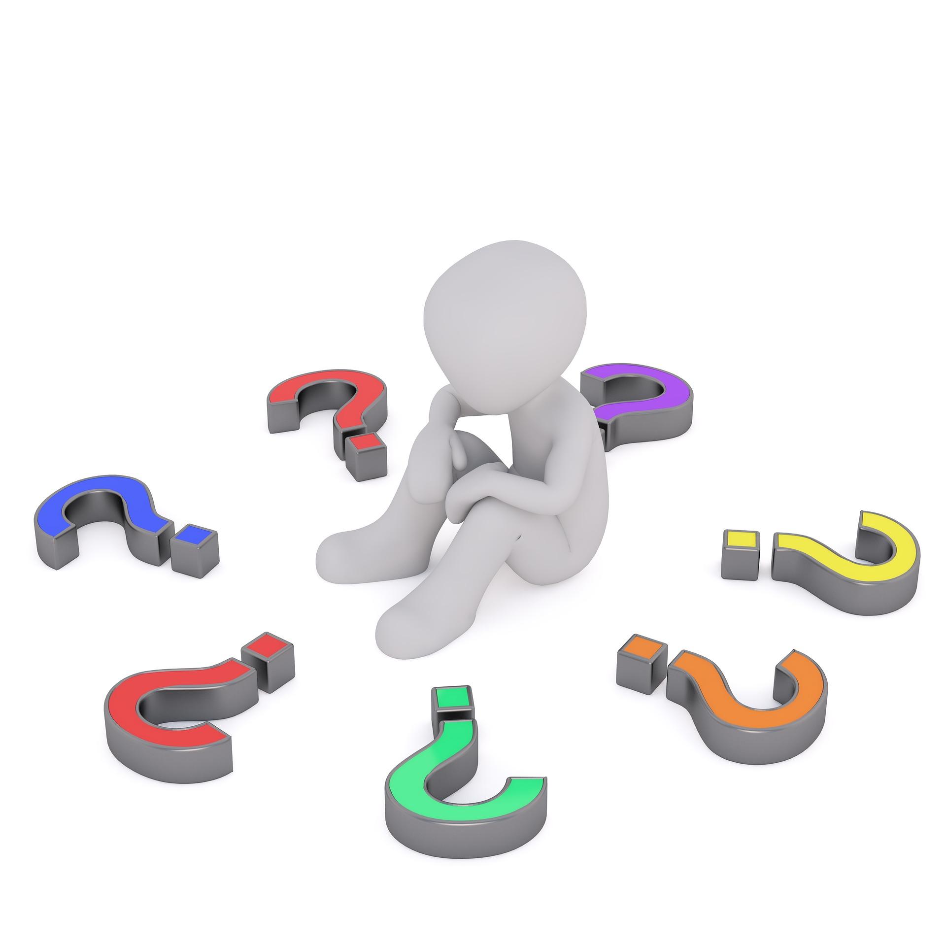 A questioning figure sits