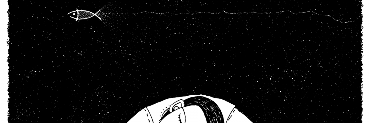 A cartoon person rests their head on a table with their eyes closed.