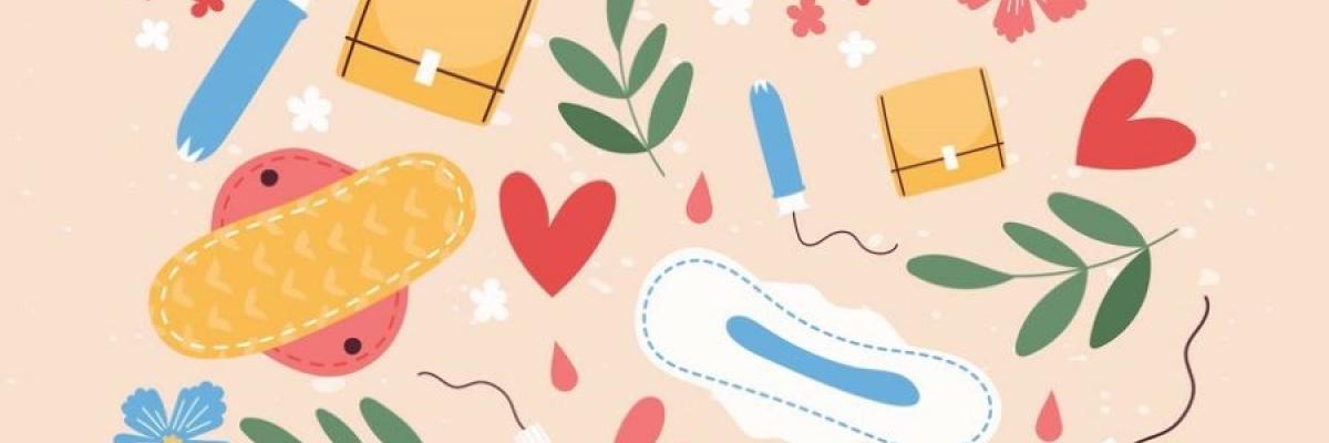 two hands encompassing various menstrual hygiene products