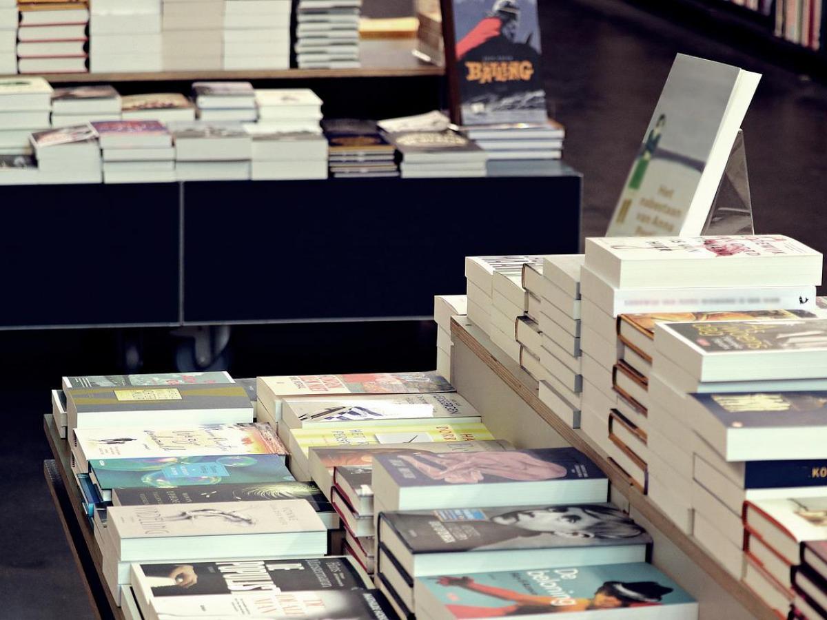 Image of a stack of books, with more piles on a shelf behind them