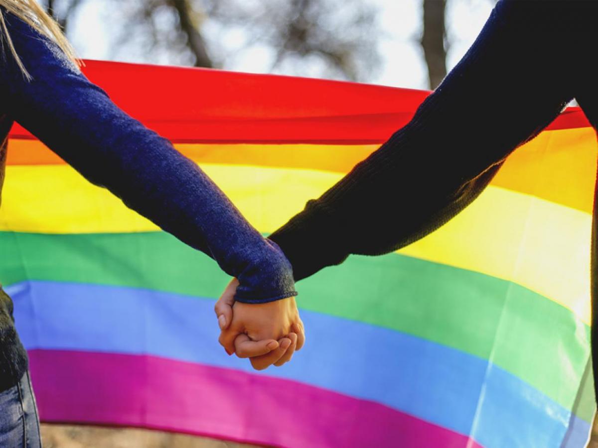 2 people holding hands with LGTQ+ rainbow flag in the background